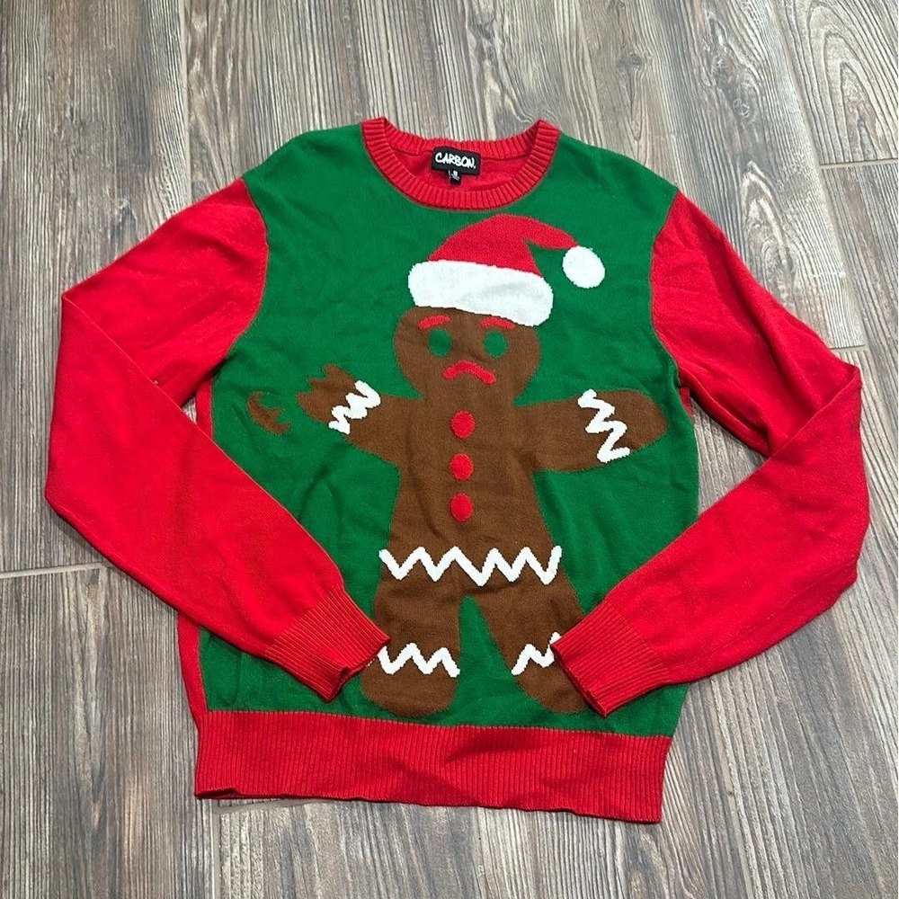 Carbon Ugly Christmas Sweater Men Size S Green Red Gingerbread Man EUC